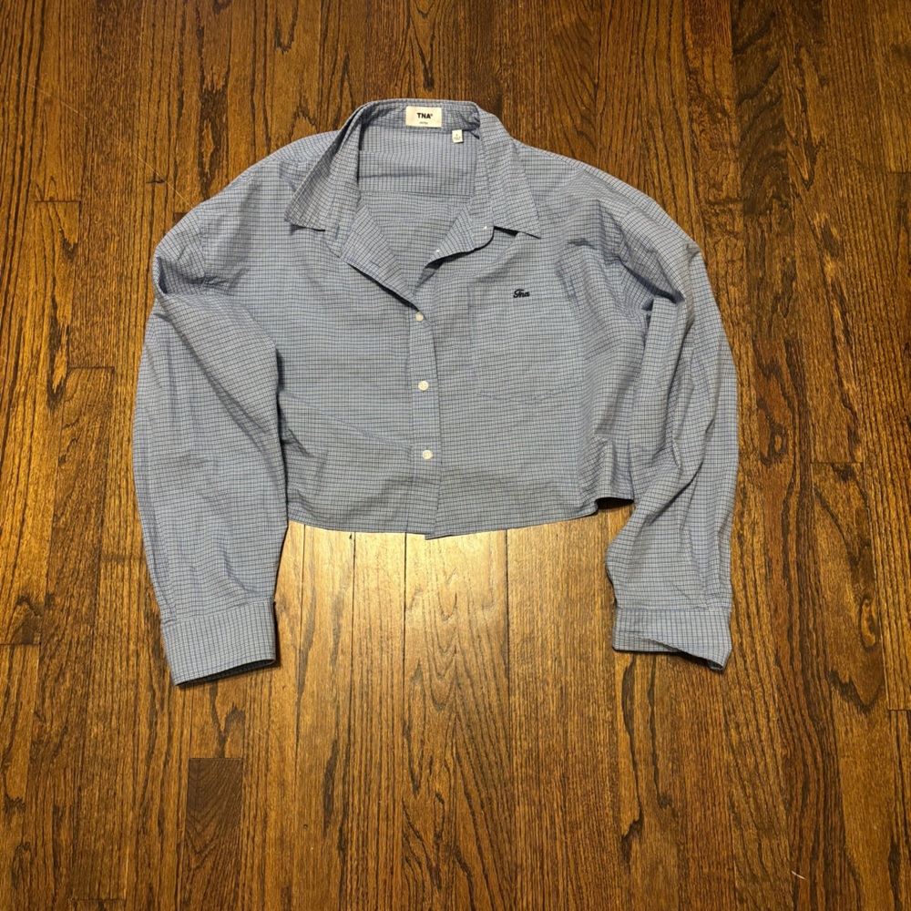 Aritzia TNA Plaid Cotton Cropped Blue Button Down Long Sleeve - Picture 4 of 8